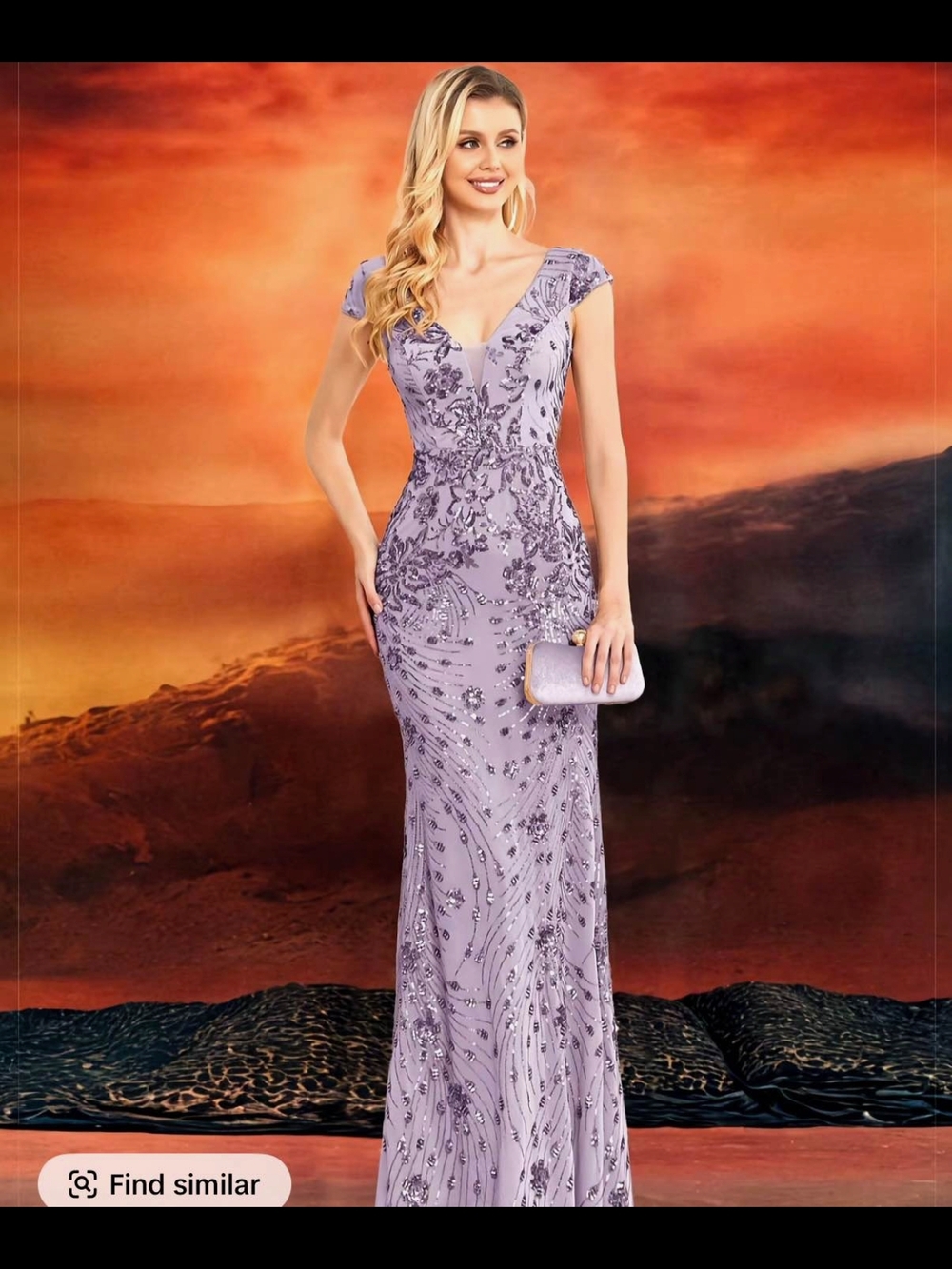 Lavender Beaded Cap-Sleeve Maxi Evening Dress